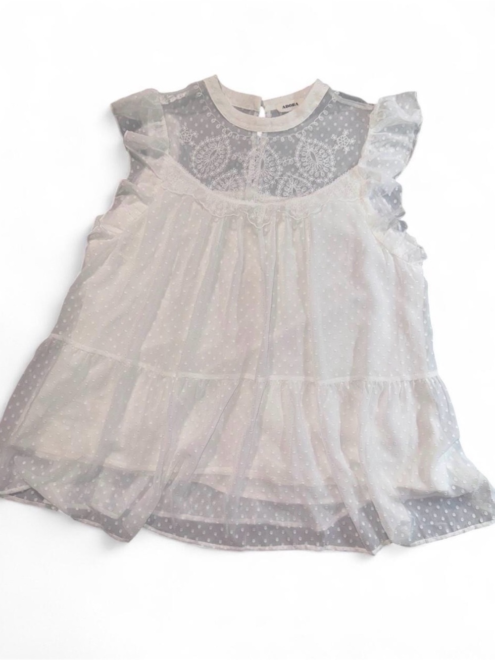 ADORA Sheer White Dotted Chiffon Blouse with Lace Yoke